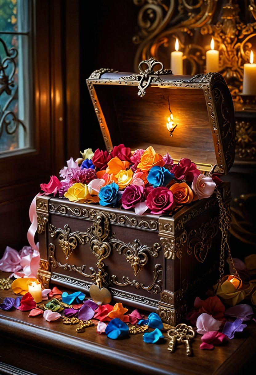 A whimsical and colorful depiction of a heart-shaped key unlocking a treasure chest filled with diverse erotic content, blending elements of romance and fetish: rose petals, silk ribbons, masks, and playful toys. Include enchanting lighting to create an alluring atmosphere, with hints of passion and curiosity in the background. The scene should evoke a sense of exploration and adventure. vibrant colors. fantasy art.