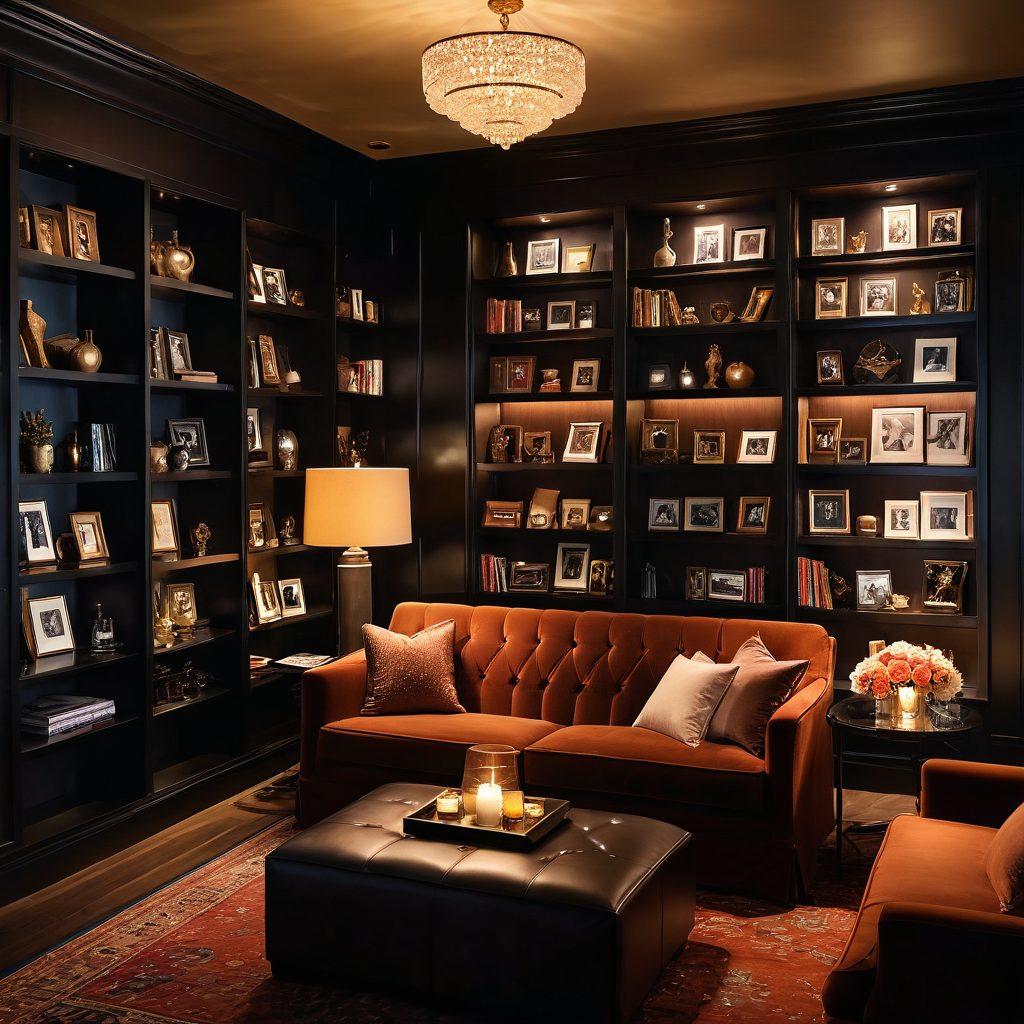 An elegant and serene viewing space featuring plush seating, soft candlelight, and an assortment of tastefully arranged adult film memorabilia. A seductive aroma of floral scents fills the air, while soft-focus silhouettes of couples share intimate moments on screen in the background. Rich textures and warm, inviting colors create a cozy yet provocative atmosphere. Artistic play of shadows and light enhances the mood, inviting exploration and discovery. super-realistic. warm tones. cozy ambiance.