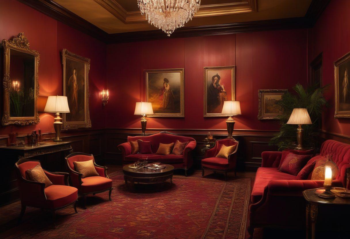 An evocative scene showcasing a dimly lit room filled with soft, warm glows, where shadows create an air of mystery. Portray an elegant silhouette of a couple engaging in intimate conversation, surrounded by artistic elements like sensual paintings and exotic décor. Include subtle hints of luxurious textures and rich colors to evoke passion and desire. Emphasize the emotional connection between the figures, capturing the essence of adult entertainment as a form of art. vibrant colors. soft focus. moody lighting.